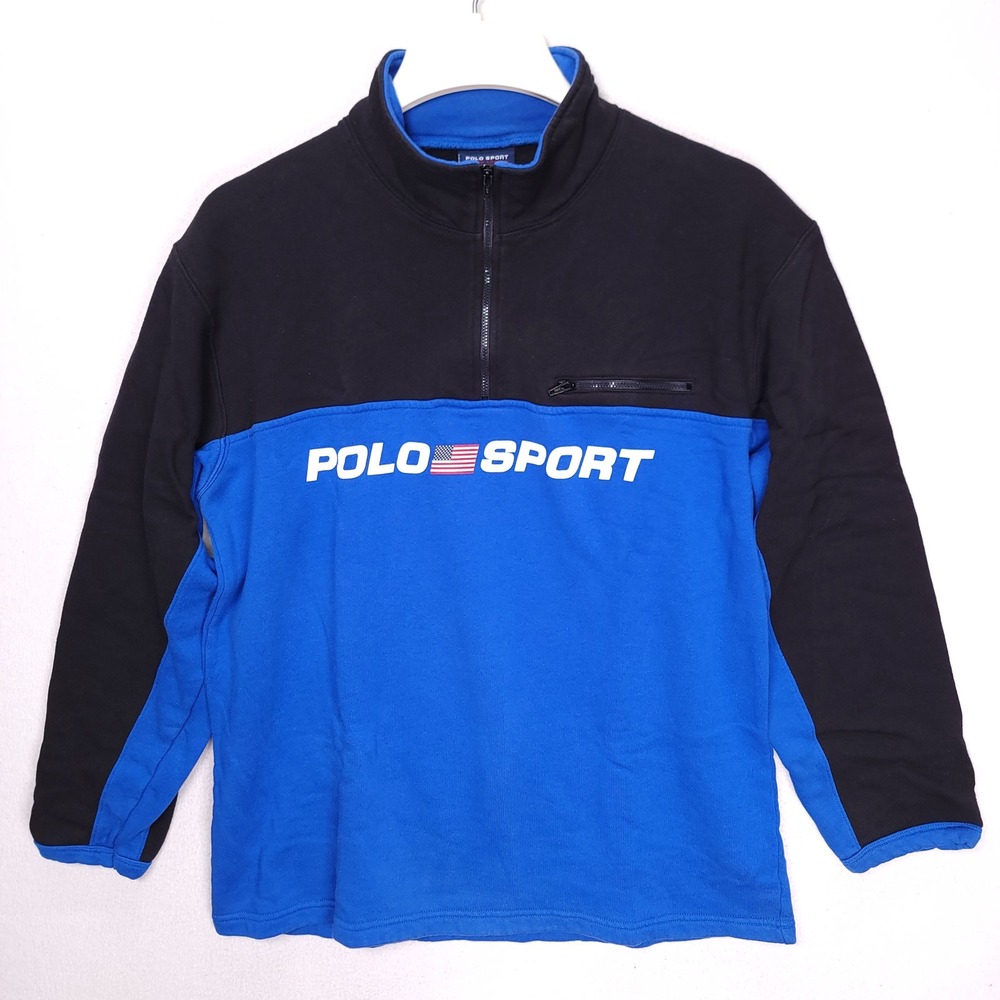 Polo Sport‎ Ralph Lauren Vintage Quarter Zip Pullover Blue Black XL 100% Cotton